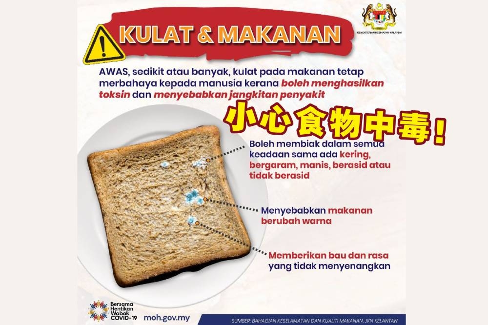 卫生部于周二（25日）在脸书发文，提醒民众别小看食物中的真菌，它会导致食物中毒。-图取自卫生部脸书/精彩大马制图-