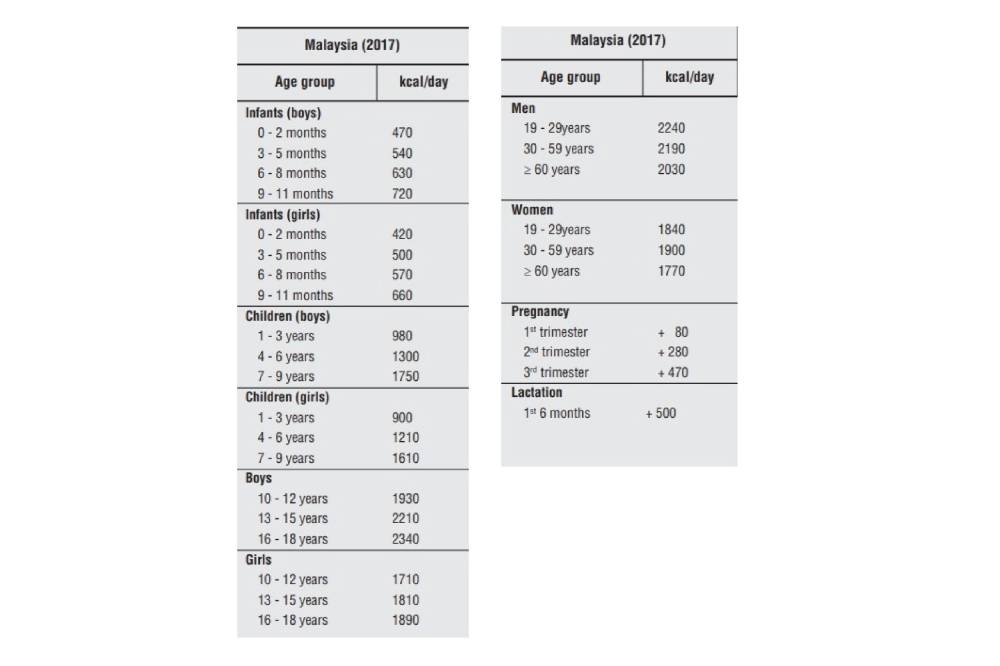 我国卫生部发布的每日建议热量摄取量图表（根据不同年龄层）。-图取自马来西亚卫生部-
