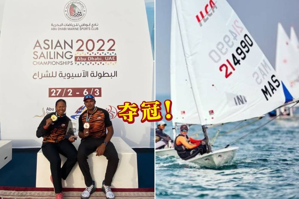 诺莎兹林（左）与队友凯鲁尼占（右），分别在女子激光雷迪尔级和男子激光级赛事中摘下金银牌。-摘自Team Malaysia推特-