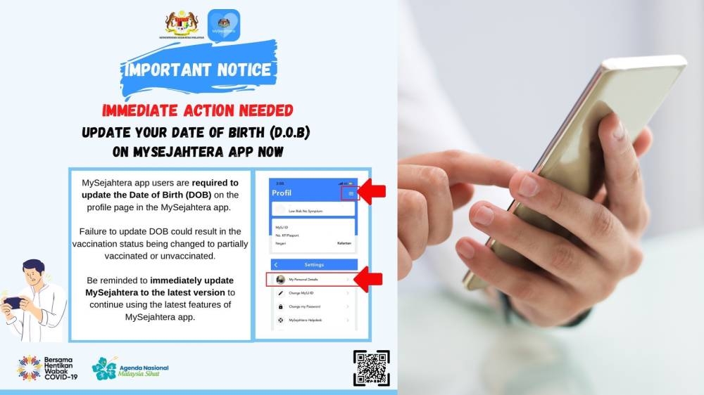 如果MySejahtera无法显示完全接种疫苗状态，用户可以更新出生日期。-图摘自MySejahtera脸书/freepik/精彩大马-