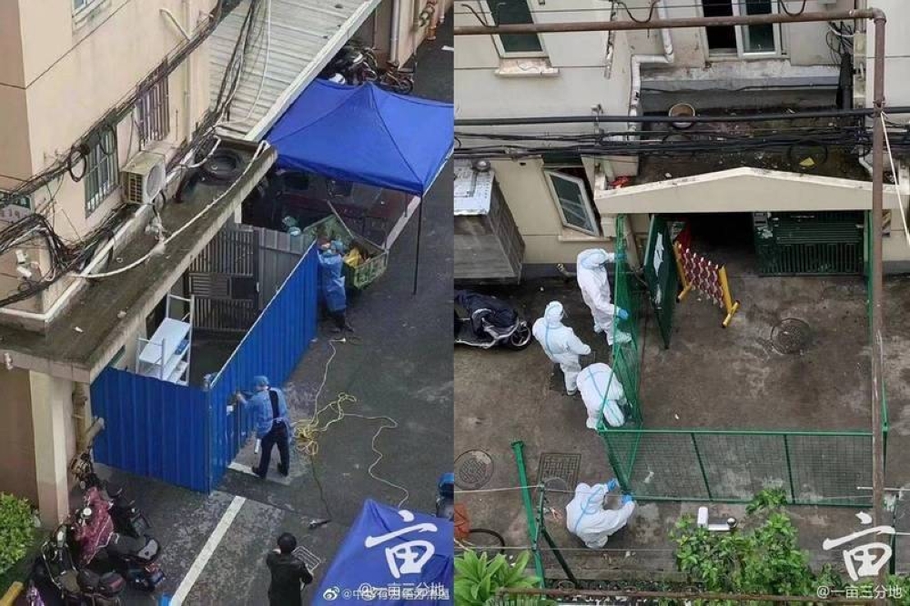 上海开始实施“硬隔离”措施，网民分享多区楼面、门口被用铁网封死的相关画面。-图取自网络-