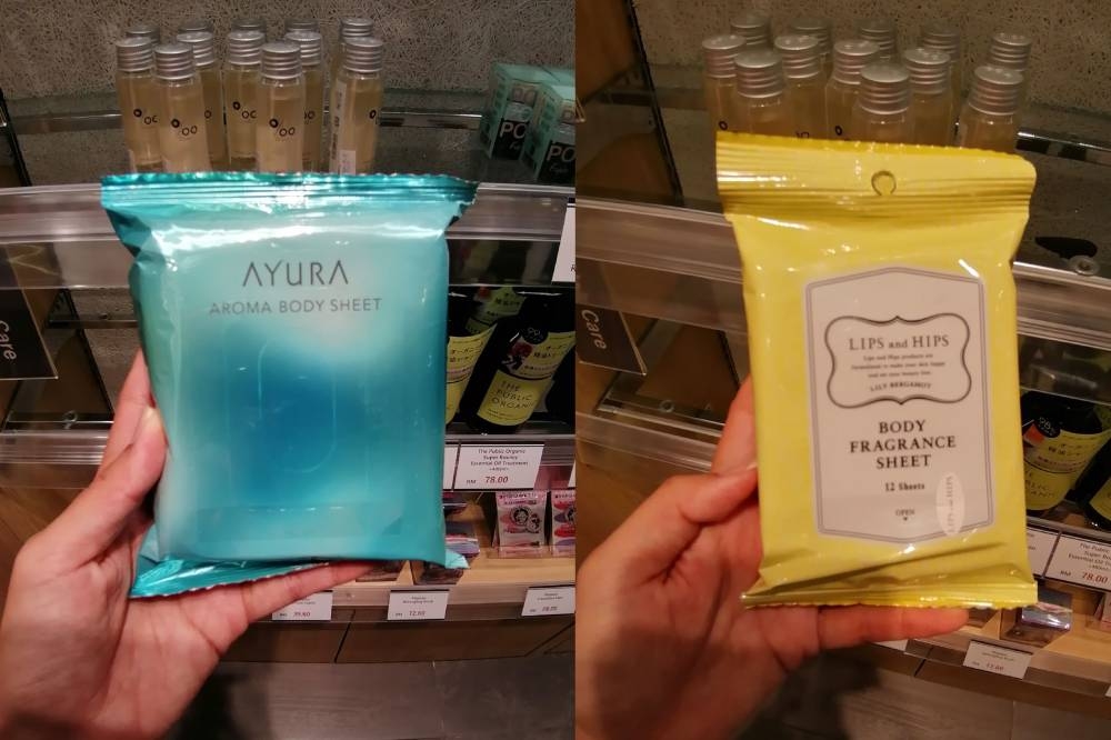 AYURA Aroma Body Sheet身体湿巾（左图）和LIPS & HIPS Body Fragrance Sheet身体湿巾（右图）是这里的热卖商品。-刘家仪摄/精彩大马制图-