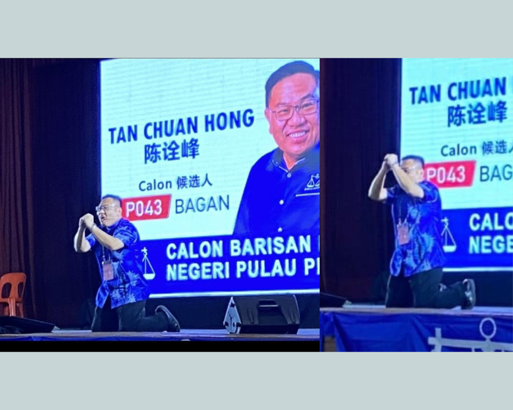 陈诠峰在峇眼造势时，走上台还未致词就突然双膝跪下，恳求选民投选马华。-图取自网络-