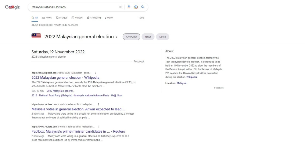 当点击“投票箱”就会出现引用维基百科对大马投票日的解说，以及其他与大马投票日相关的新闻。-截图自谷歌-