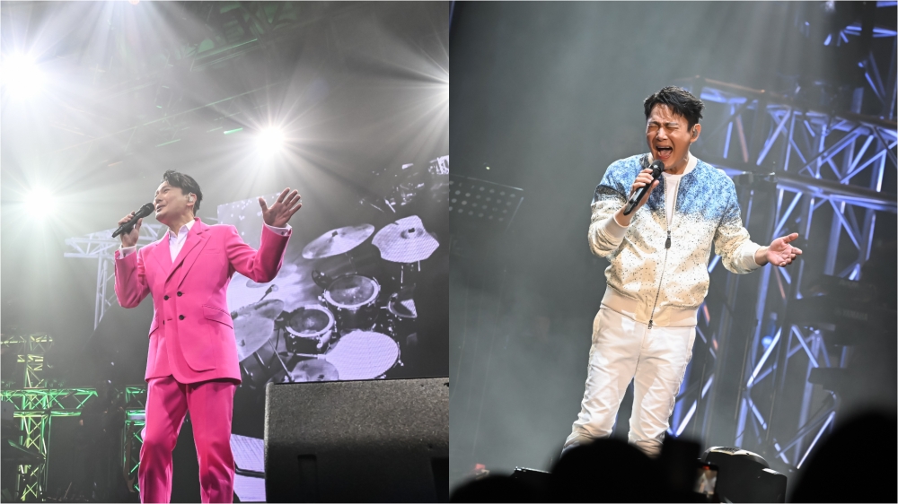 在粉丝不断高喊“阿哲，安哥”下，张信哲再度登台，演唱为下周台北小巨蛋所准备的歌曲《爱就一个字》。-主办单位提供-