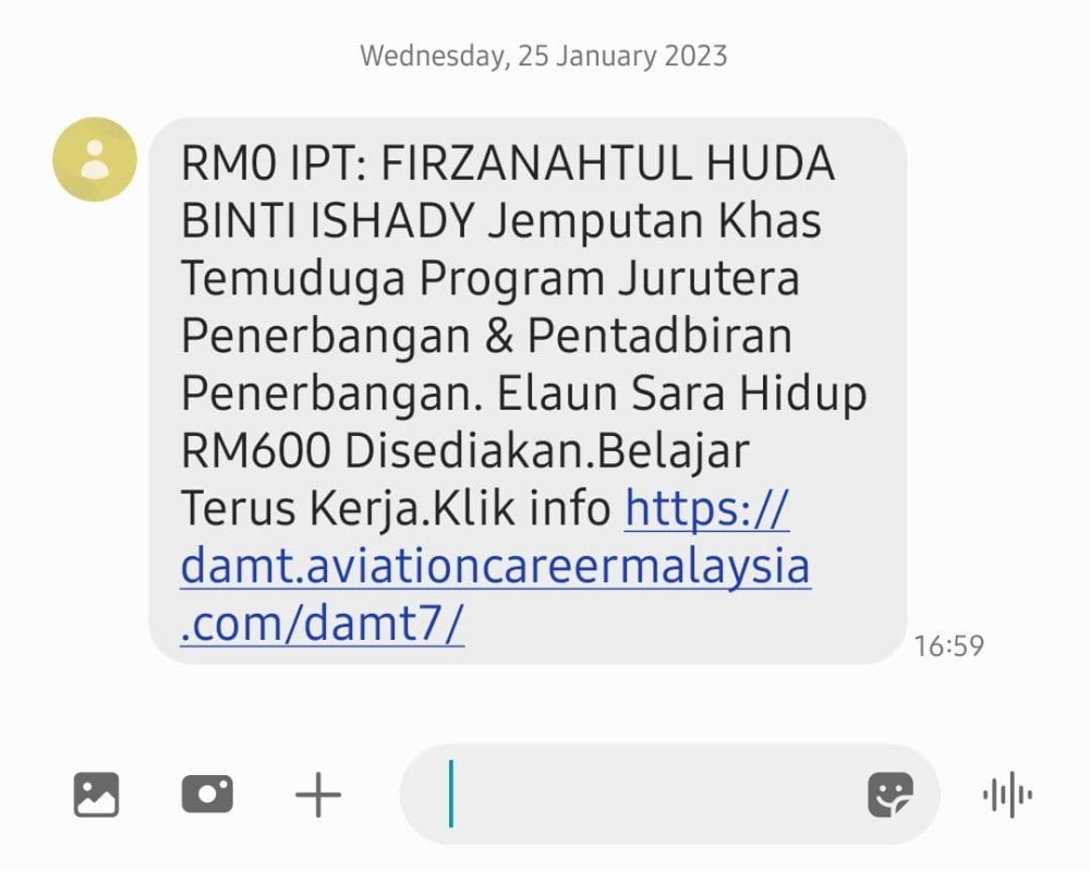 最近，不少SPM和STPM的考生都收到疑似打工骗局的短信。-图源沈春祥-