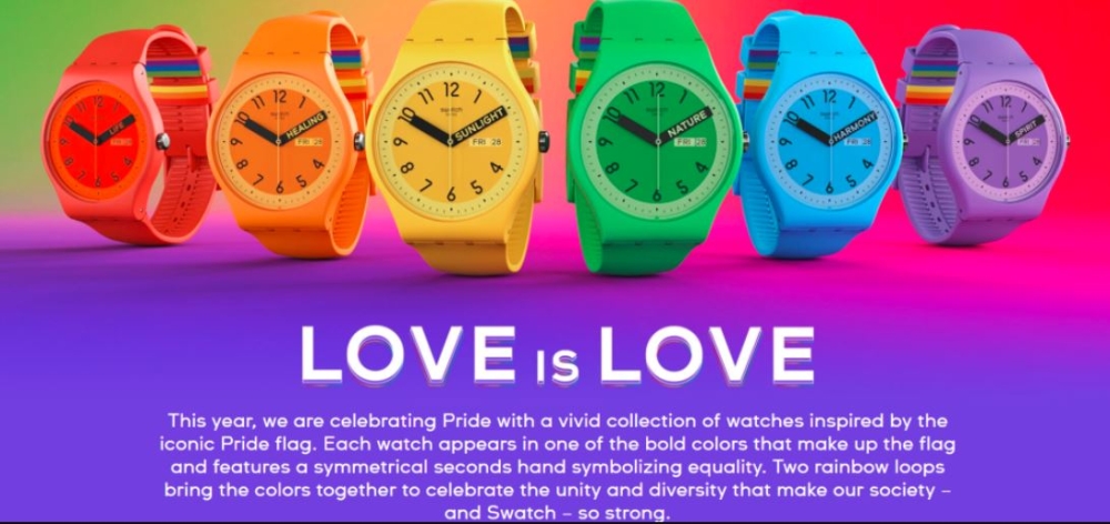 2023年的Pride系列的手表6款手表,以代表LGBT六色彩虹灵感,各有不同的颜色表带及表盘。-图截取自Swatch官网-