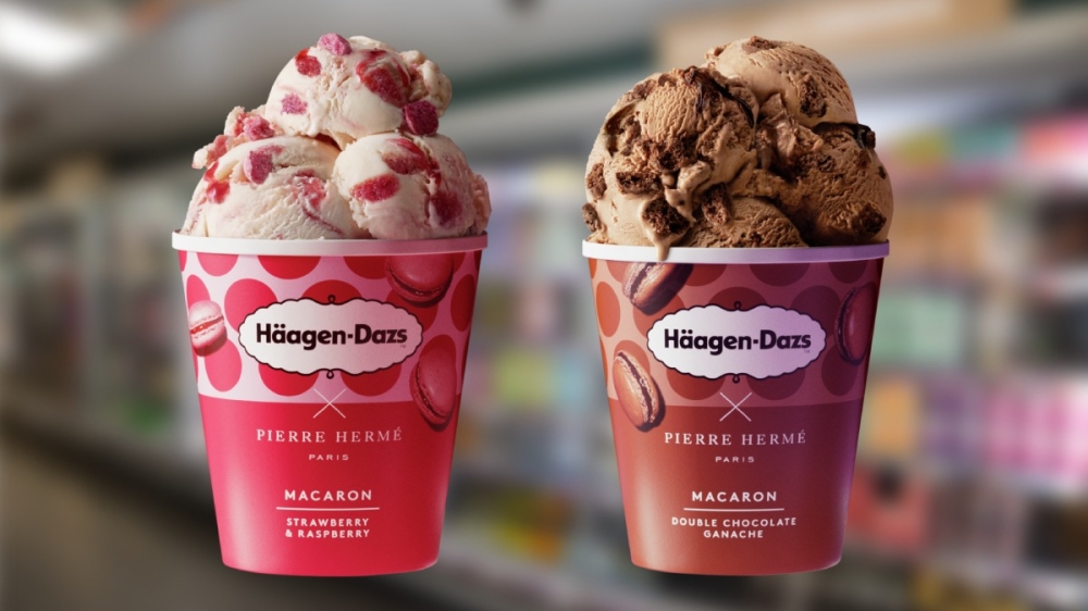 Häagen-Dazs X Pierre Hermé系列共有草莓和覆盆子马卡龙，及双重巧克力甘纳许马卡龙口味。