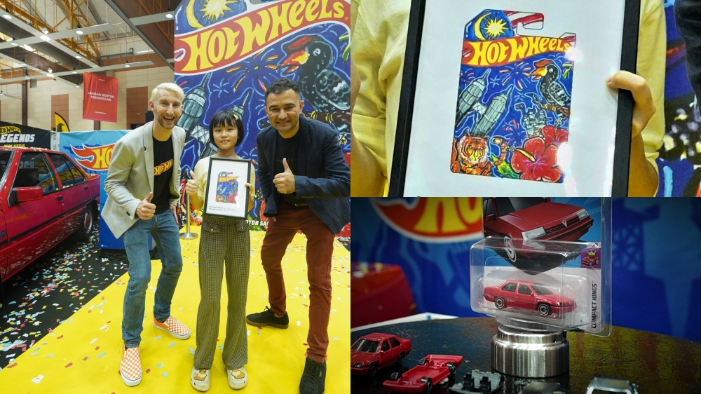 Hot Wheels首席包装设计师Matt Gabe（左图左）和罗斯兰阿都拉（右），在颁奖仪式上与苏靖涵（中）合影。-大马Hot Wheels提供-
