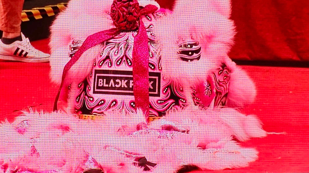 美国柔功门舞狮团印着韩国女团BlackPink字眼的狮头。-杨琇媖摄-