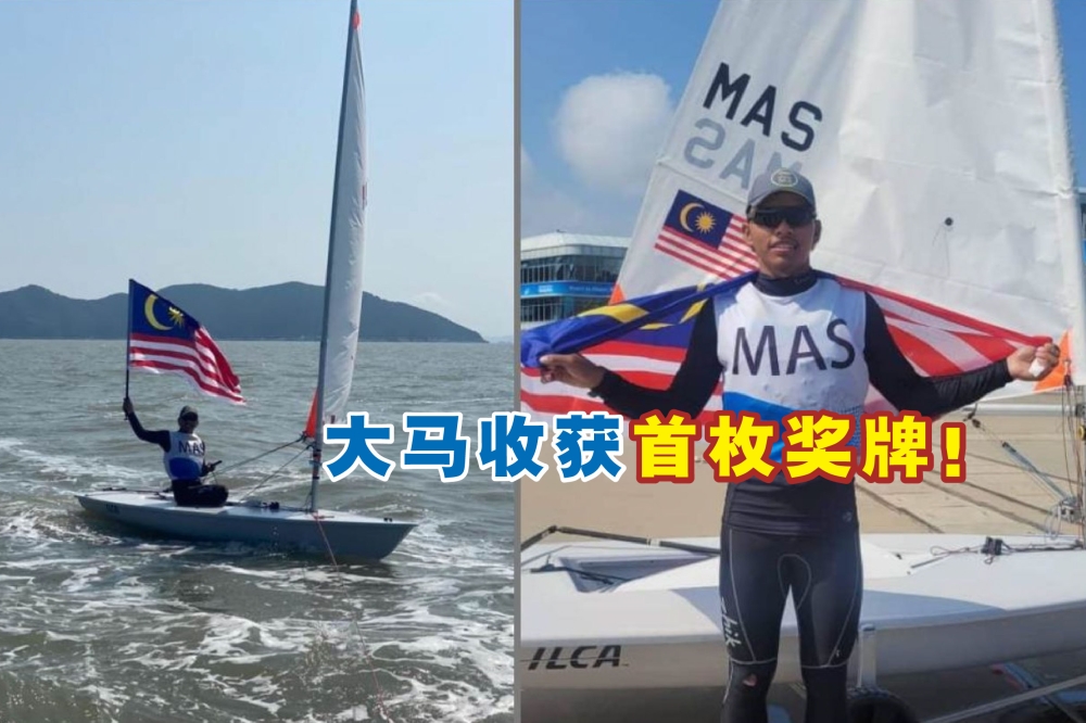 年仅17岁的阿斯纳威，在男子青少年单人艇-爱尔卡4赛项中航出铜牌，同时也是大马代表团在本届杭州亚运会的首枚奖牌。-摘自马新社Lawrance Yeow提供/精彩大马制图-