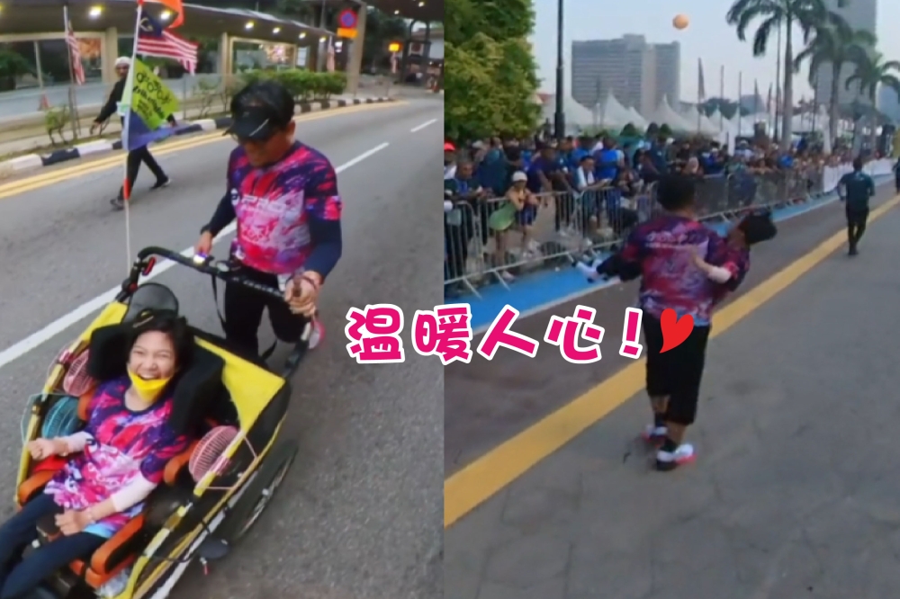 在参加马拉松期间，诺瓦蒂菡躺在特制推车里，由父亲推着她完成21公里马拉松。-摘自Wira Sudepja Rabu的TikTok/精彩大马制图-