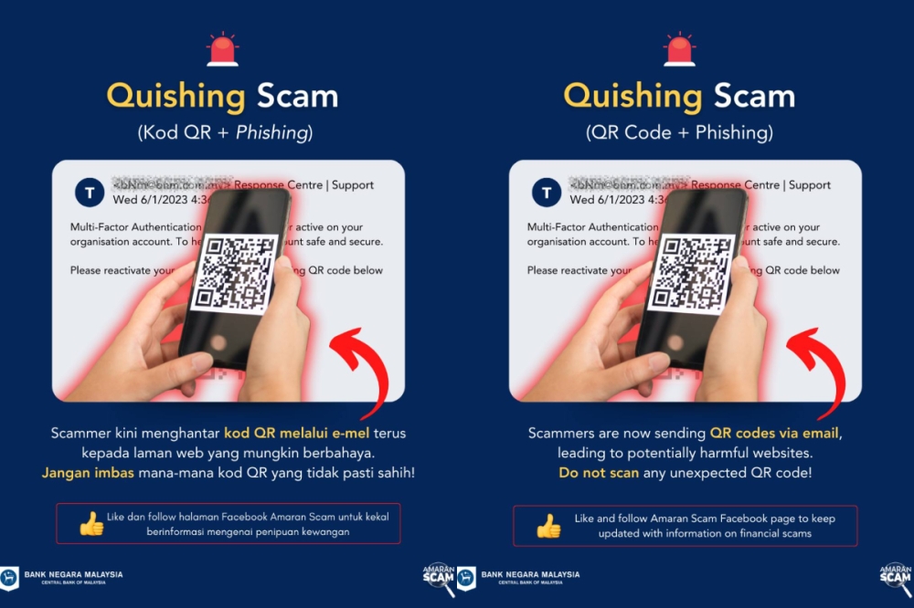 国家银行提醒民众，二维码网络钓鱼（Quishing）是最新的诈骗手法，一定要注意防范。-摘自Amaran Scam脸书专页/精彩大马制图-
