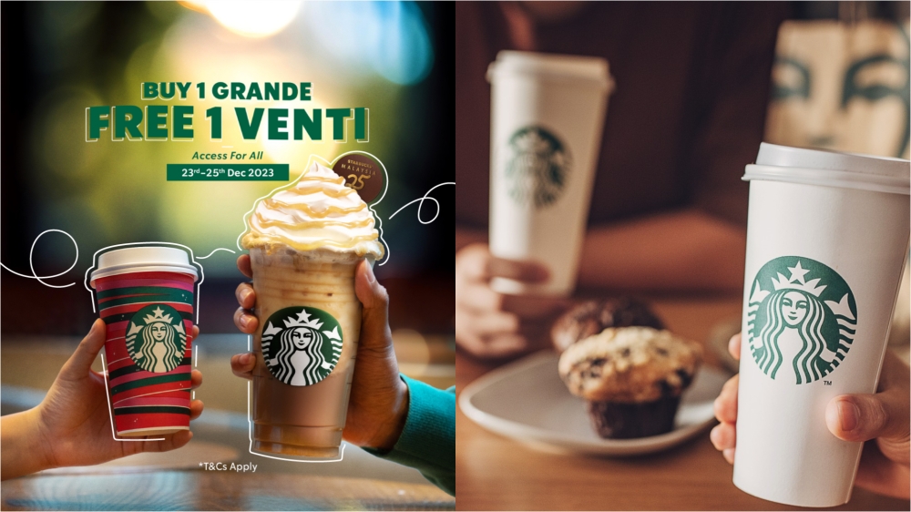 大马星巴克推出优惠活动，消费者凡购买一杯大杯（Grande）饮料，即可免费获得一杯超大杯（Venti）饮料。-图摘自大马星巴克-