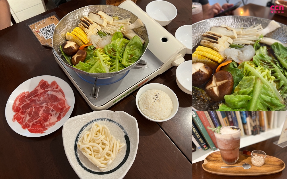 一份寿喜锅包含芋结、蔬菜、豆腐、香菇、萝卜、玉米、杏鲍菇和金针菇,食客能根据喜好添加白饭或乌冬面作为主食,或来颗无菌蛋作为蘸料。-庄礼文摄-