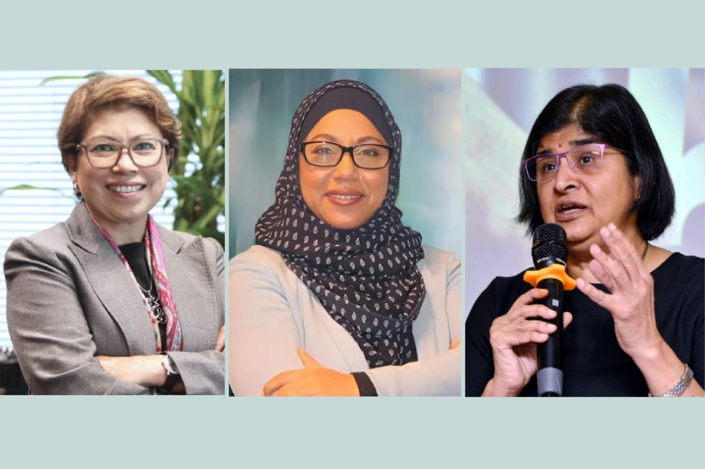 “2024年50岁以上亚洲杰出女性榜单”出炉，丹斯里丽贝卡法蒂玛（左起）、东姑莫娜丽扎和拿督安比嘉入榜。-Ham Abu Bakar摄/摘自网络/精彩大马制图-