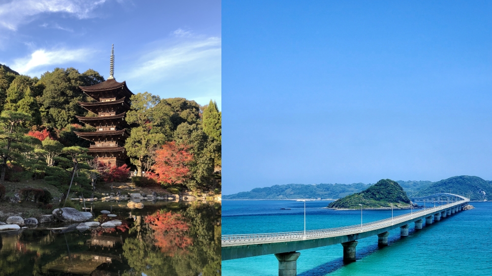 这是山口市的琉璃光寺(Ruriko-ji)和下关市的角岛大桥(Tsumoshima Bridge)。-日本国家旅游局提供-