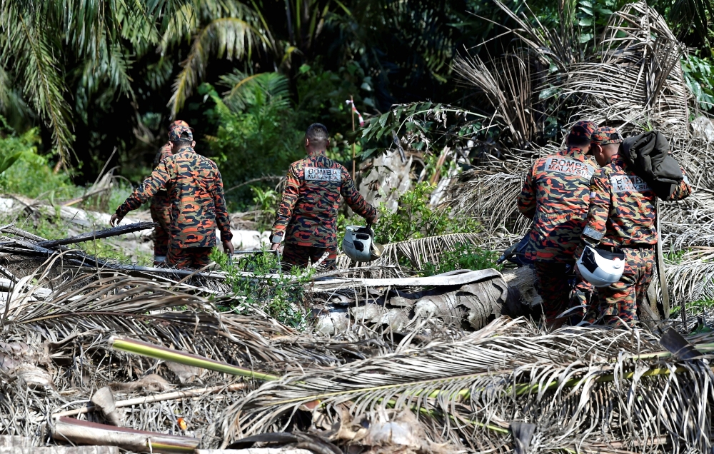 失事飞机坠落在油棕园区内，来自各机构的约150名人员，周二参与在方圆50公尺内搜寻飞机残骸移出遗体的工作。-马新社-