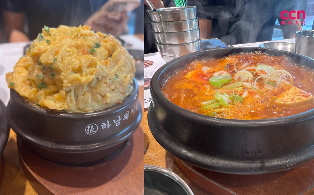 随附的泡菜汤用料十足，厚实的韓式蒸鸡蛋非常好吃。-庄礼文摄-