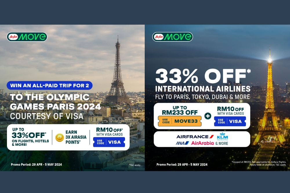AirAsia MOVE和Visa推出为期5周的促销活动，不仅有机会赢取免费2张巴黎奥运会门票，还提供令人兴奋的航班、酒店、乘车等促销活动。-亚航提供/精彩大马制图-