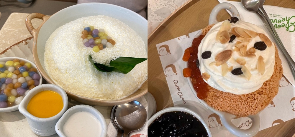 这是咸蛋黄酱刨冰（左）和泰式奶茶刨冰（右）。方贝欣摄-