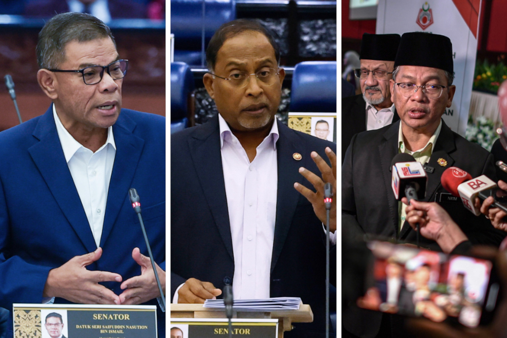 赛弗丁（左起）、赞比里和莫哈末纳因宣誓续任上议员。-马新社-