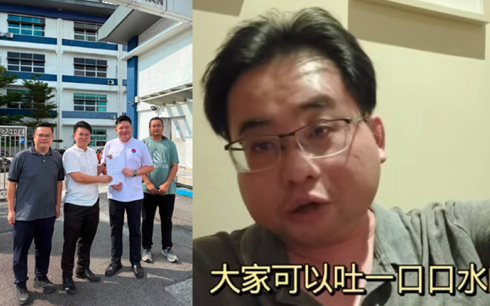 邢智立（左2）到警局报案，要求调查吴启聪涉嫌刑事教唆。