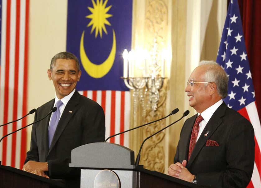 US President Barack Obama and Prime Minister Datuk Seri Najib Razak both smile as they participate in a joint news conference at the Perdana Putra Building in Putrajaya, Malaysia, April 27, 2014. u00e2u20acu201d Reuters picn
