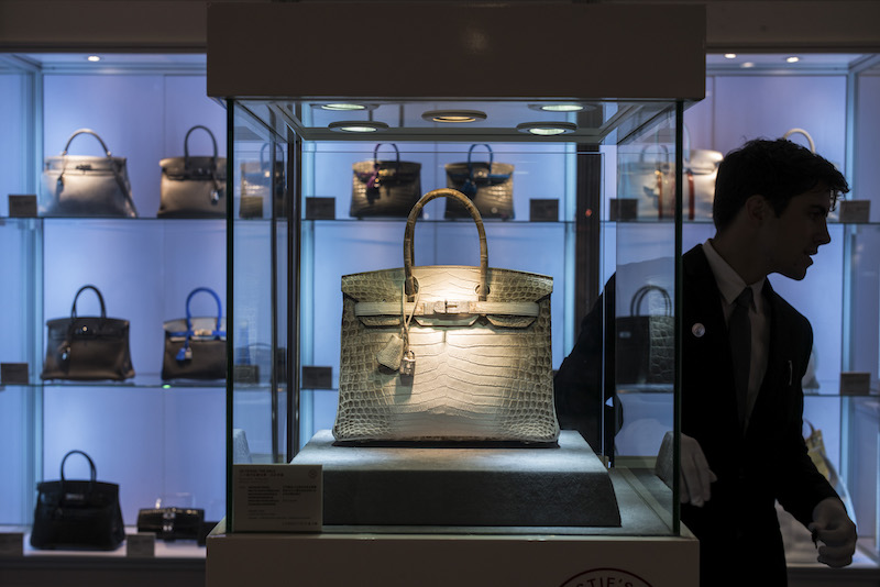 A Hermes Birkin matte Himalayan crocodile handbag with white-gold hard are set with 245 F-colour diamonds on display in Hong Kong May 30, 2016. u00e2u20acu201d Picture by Lam Yik Fei/The New York Times