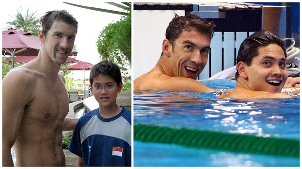 约瑟林8年前和偶像费尔普斯合影，如今他在奥运男子100米蝶泳决赛中打败偶像夺得金牌。-路透社-