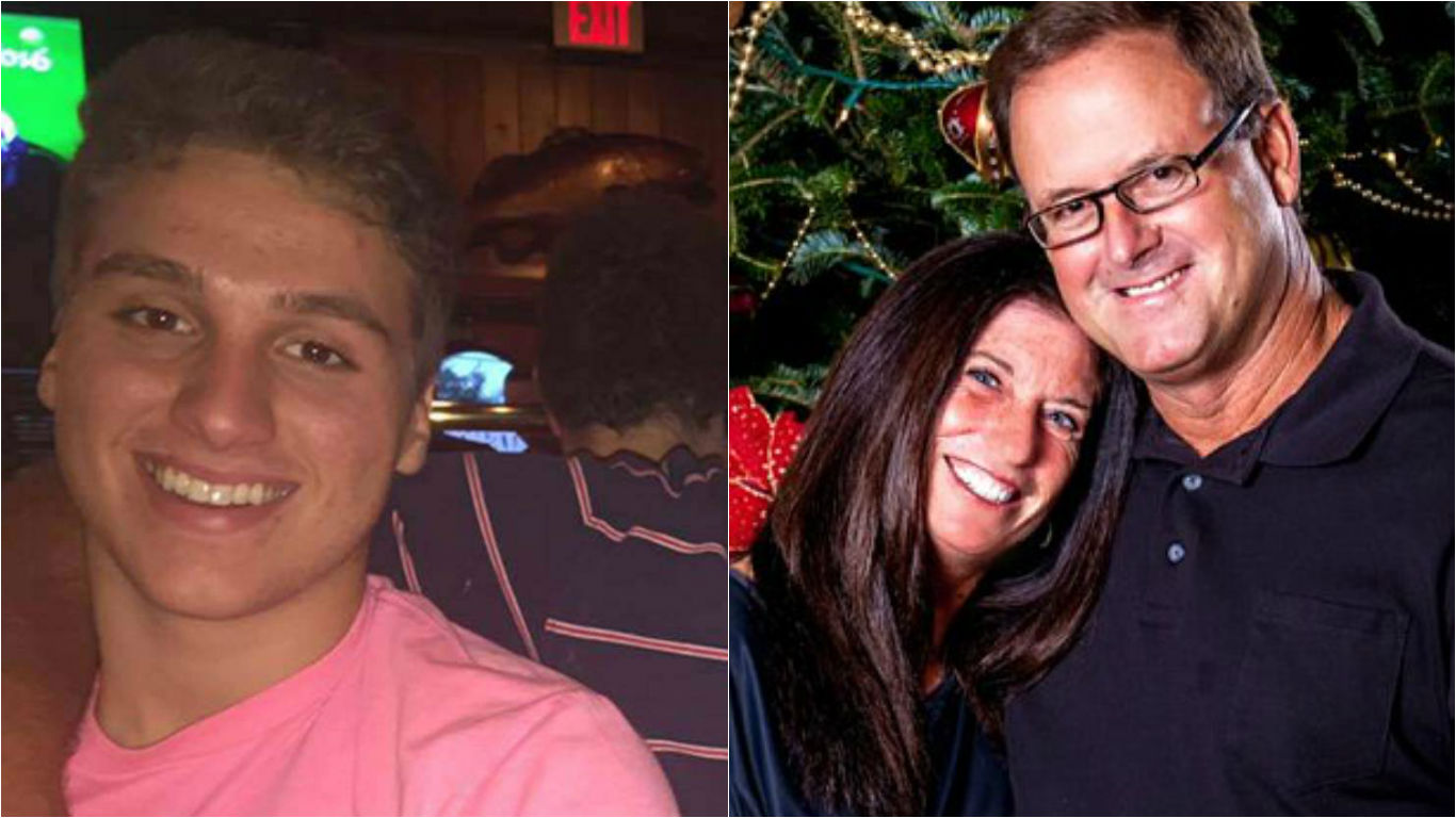 FSU student Austin Harrouff, 19 (left), is accused of stabbing to death Michelle and John Stevens (pictured together right), and biting pieces off the husband's face in Jupiter, Florida
