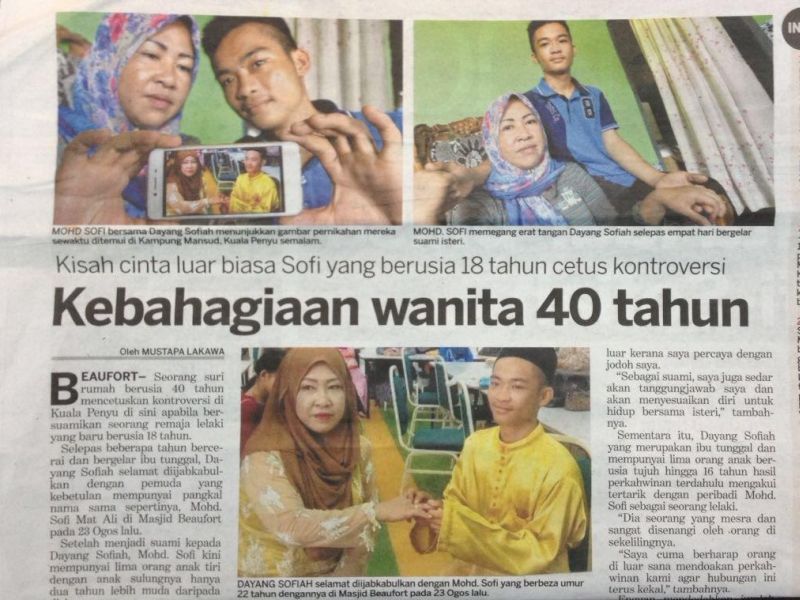 Keratan akhbar menunjukkan pasangan Dayang Sofiah, 40, dan Mohd. Sofi Mat Ali, 18, yang kini menjadi topik bualan ramai kerana jarak usia mereka.