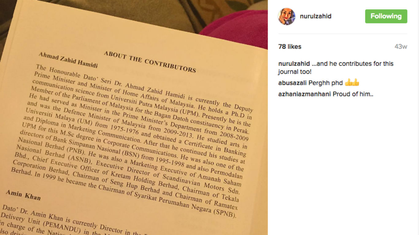 努鲁希达雅常以父亲阿末扎希为荣，也曾分享阿末扎希的英文学术论文。-图取自努鲁希达雅Instagram-