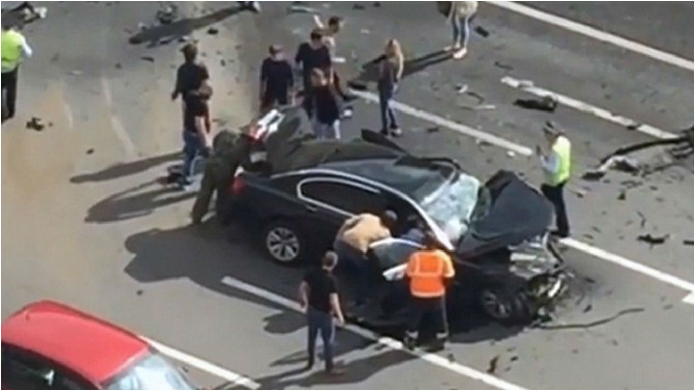 CCTV images of the footage taken on Kutuzovsky Avenue in the Russian capital Moscow show how the Mercedes collided head-on with the presidential BMW.-pic via dailymailn