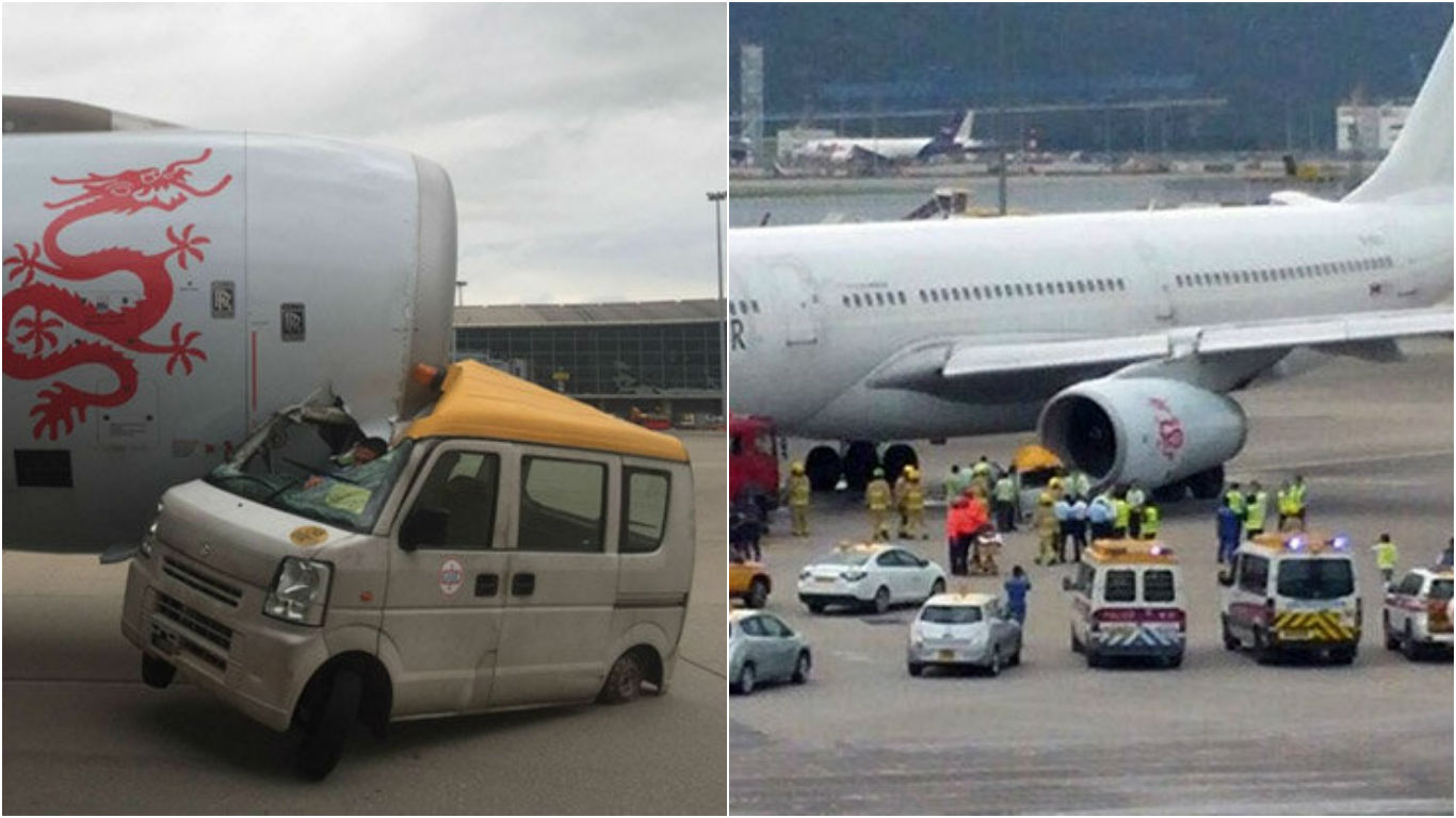 A passenger plane has crashed into a grounded vehicle at Hong Kong airport.-pic via dailystar-n