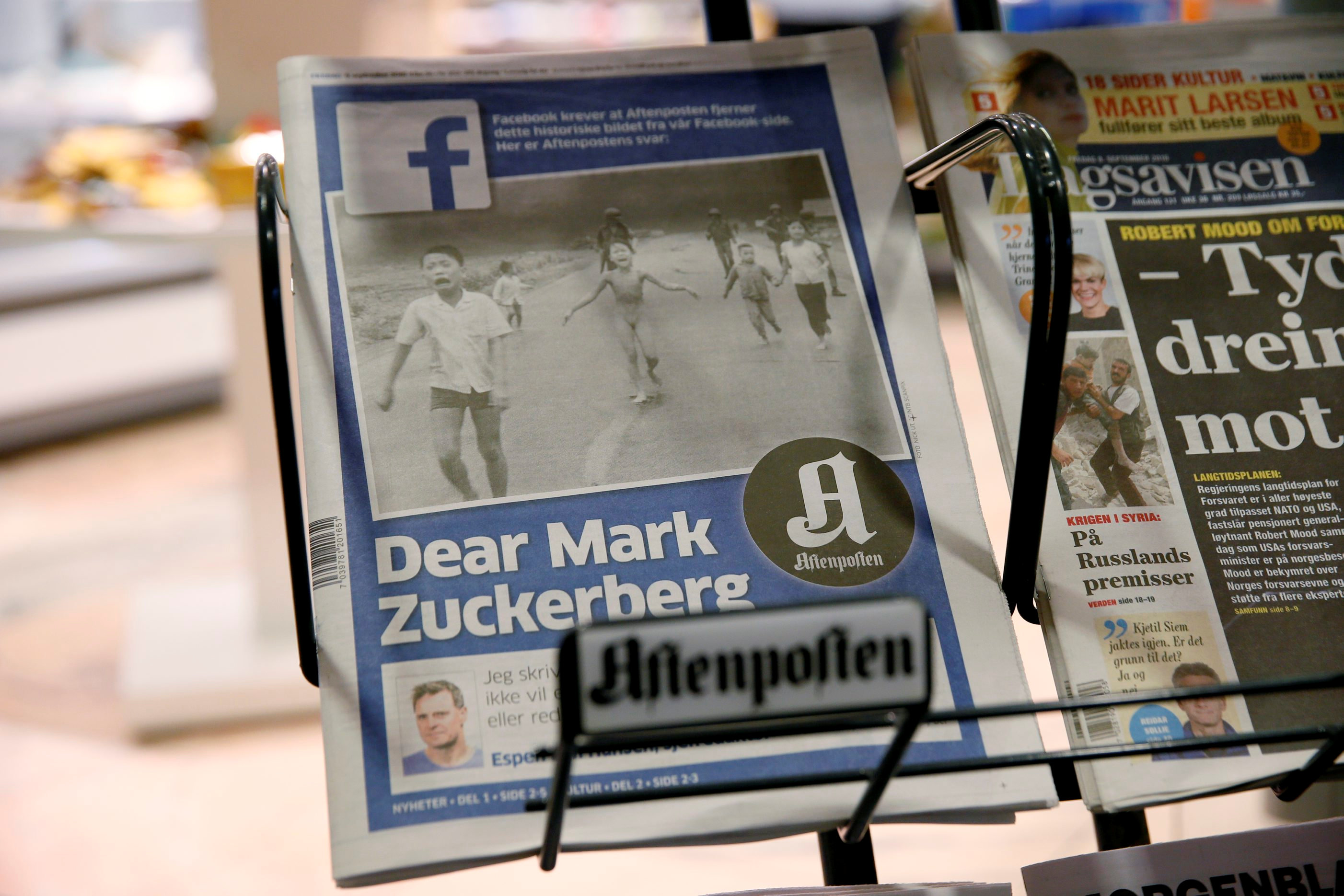 The front cover of Norway's largest newspaper by circulation, Aftenposten, is seen at a news stand in Oslo, Norway September 9, 2016. Editor-in-chief and CEO, Espen Egil Hansen, writes an open letter to founder and CEO of Facebook, Mark Zuckerberg, accusi