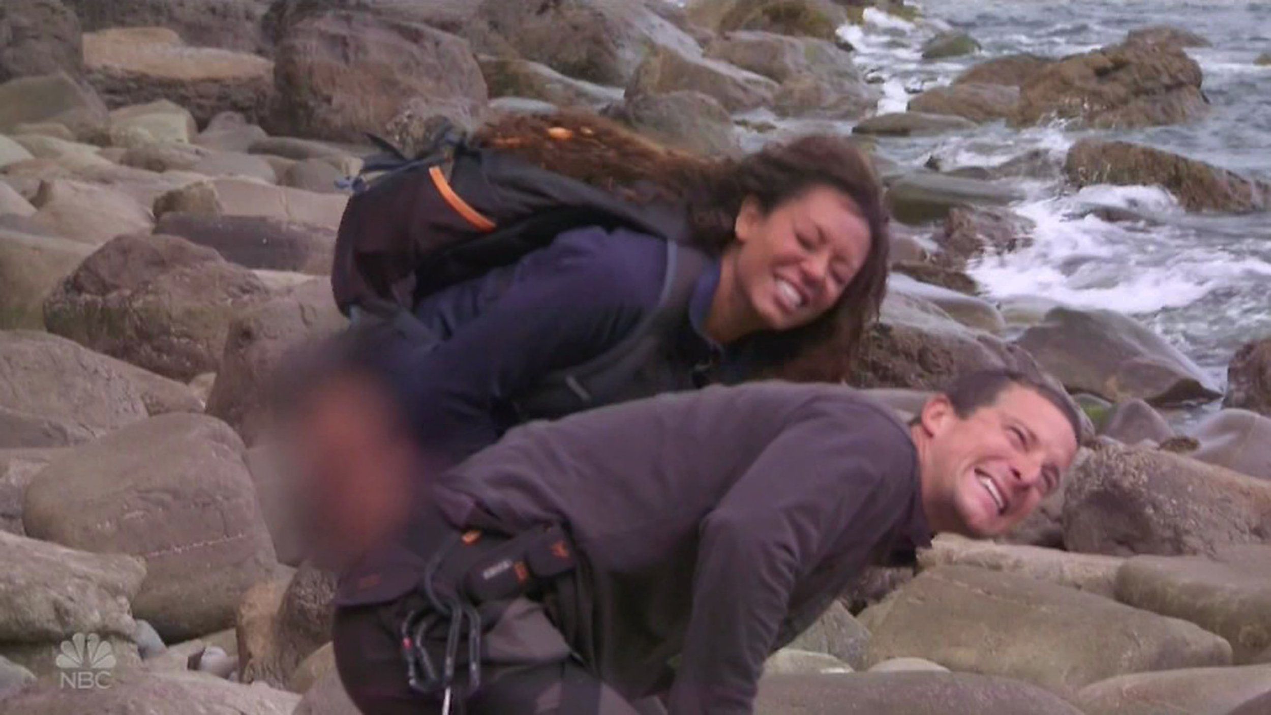 Bear was stung by a jellyfish and accepted Mel's offer to pee on his finger.-pic via NBC-