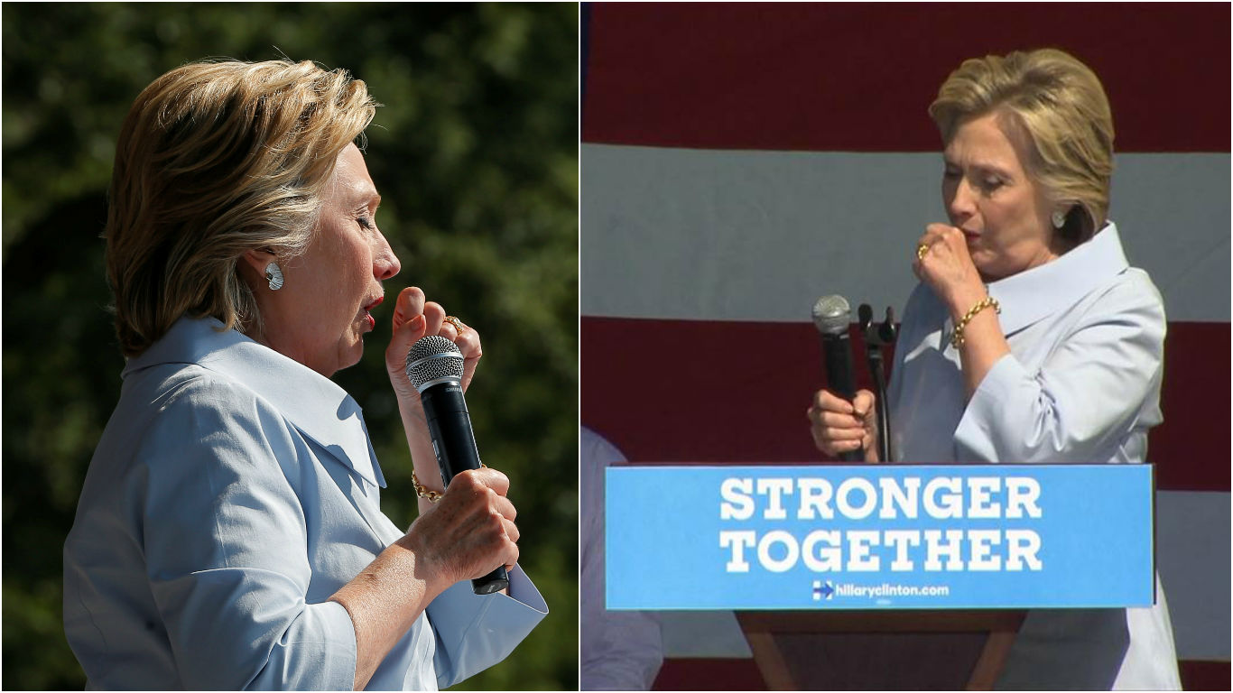 U.S. Democratic presidential candidate Hillary Clinton coughs onstage during a campaign stop at the 11th Congressional District Labor Day Parade and Festival in Cleveland, Ohio, United States September 5, 2016. REUTERS/Brian Snyder TPX IMAGES OF THE DAYn