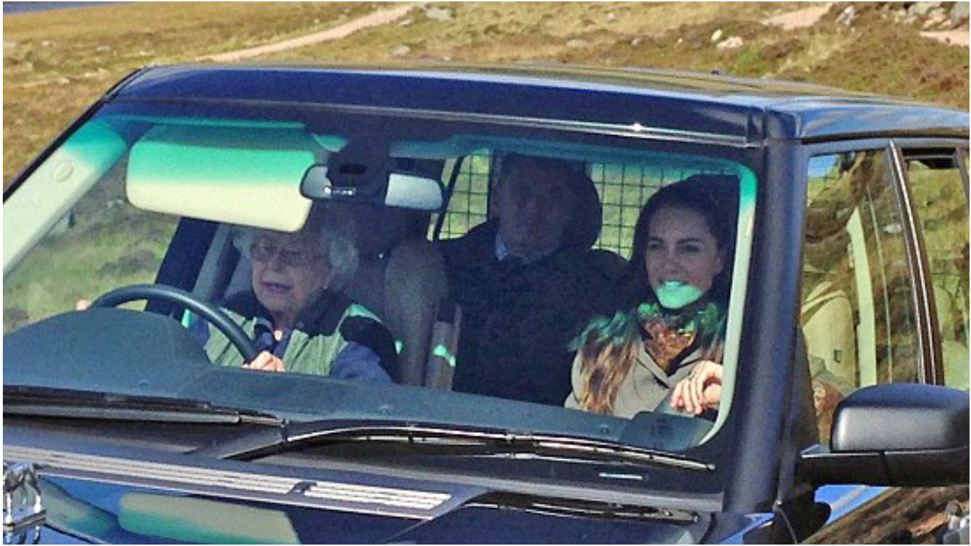 The Queen drove the Duchess of Cambridge to a picnic lunch with Prince William in the hills above Loch Muick on the Balmoral estate.-pic via dailymail-n