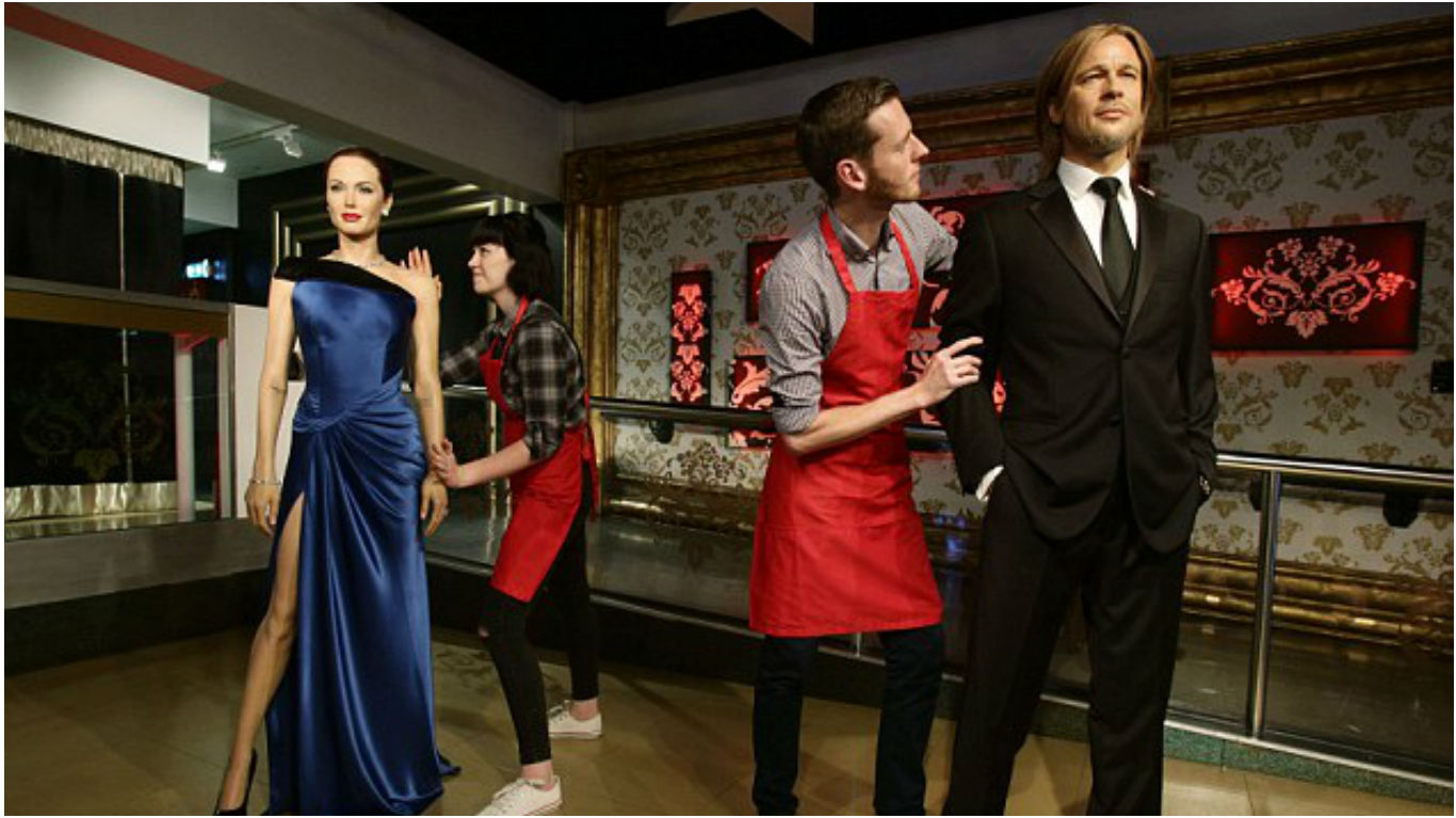 London: 'Respectful distance': The waxwork museum moved the Hollywood A-listers several metres apart.-pic via dailymail-