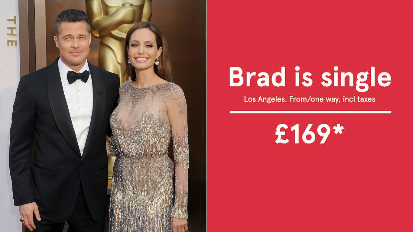Norwegian Airlines have released a new series of ads promoting flights from Oslo to Los Angeles based on Brad Pitt's new single status.-pic via dailymail-n