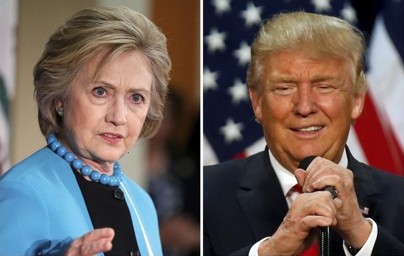 A combination photo shows U.S. Democratic presidential candidate Hillary Clinton (L) and Republican U.S. presidential candidate Donald Trump (R) in Los Angeles, California on May 5, 2016 and in Eugene, Oregon, U.S. on May 6, 2016 respectively. REUTERS/Luc