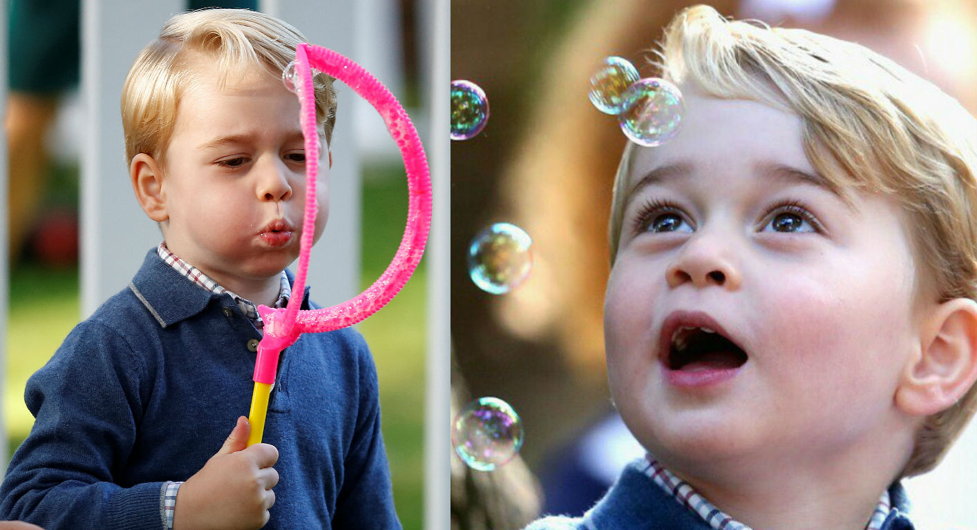 3岁的乔治王子自己吹泡泡吹得好开心。-面子书/The Royal Family-