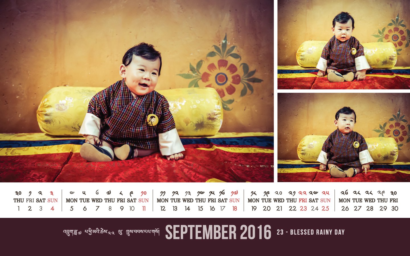 小王子身着不丹传统格子长袍，衣服上还别着有父亲头像的胸章，再配上海军风的小鞋子，圆嘟嘟的小脸萌态十足。-图取自Yellow Bhutan-