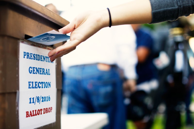 A woman drops her ballot during the presidential election at LA County Registrar Office in Norwalk, California, U.S., November 8, 2016. REUTERS/Mario Anzuonin