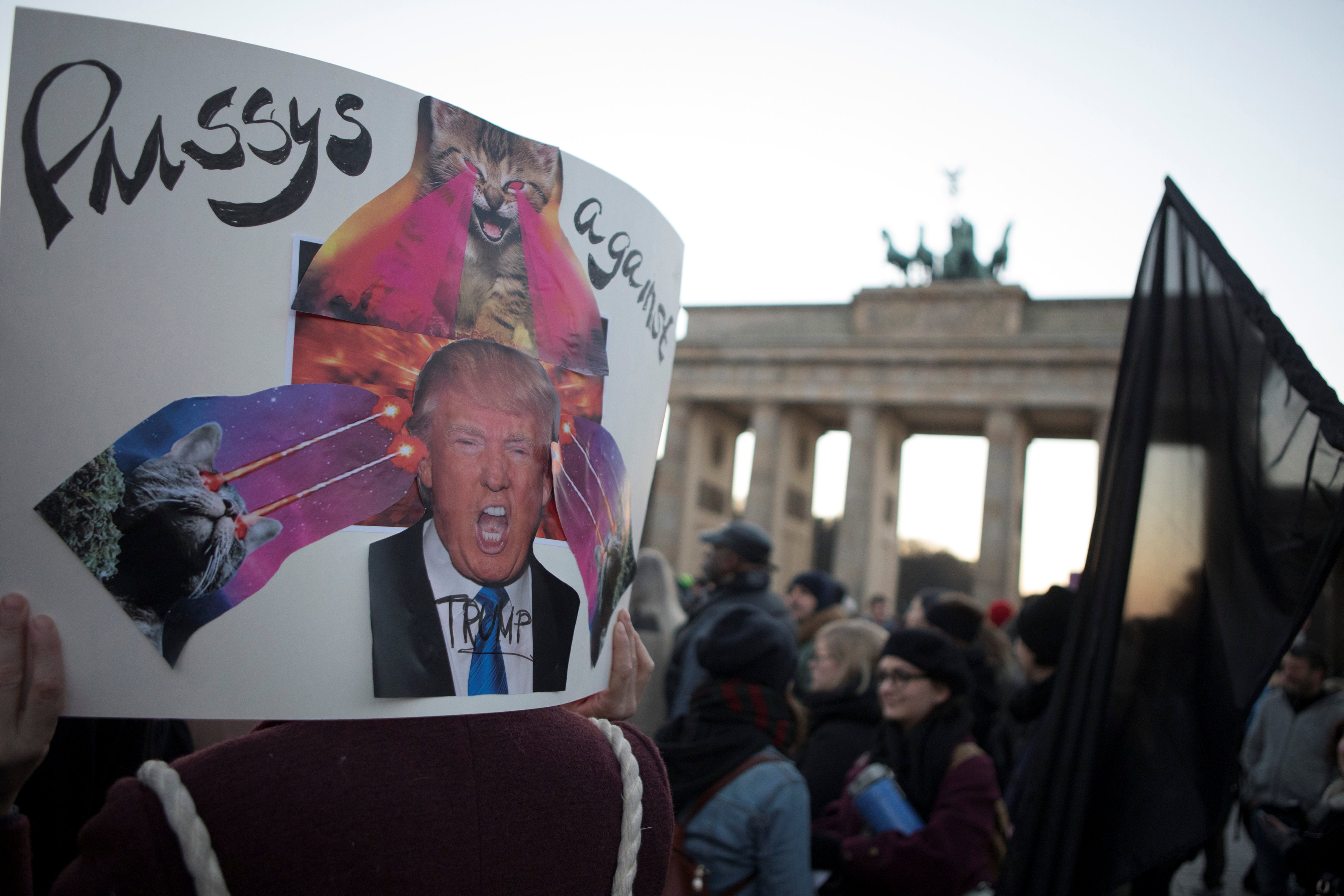 反特朗普浪潮蔓延至德国，约300人在勃兰登堡门高叫捍卫尊严的口号。-路透社-