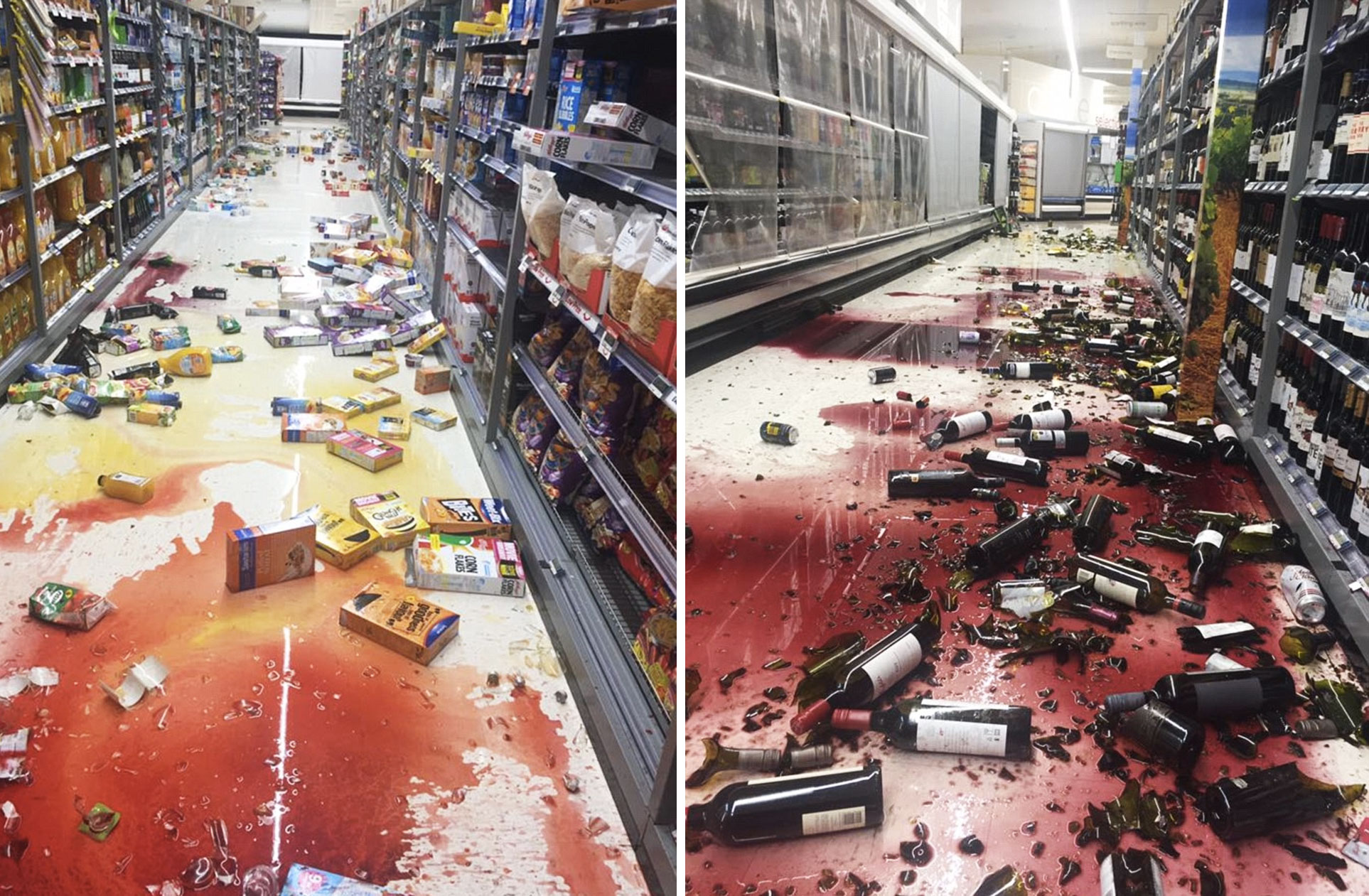 地震威力猛烈，超市架上的东西都被震得掉落满地。-图取自面子书-