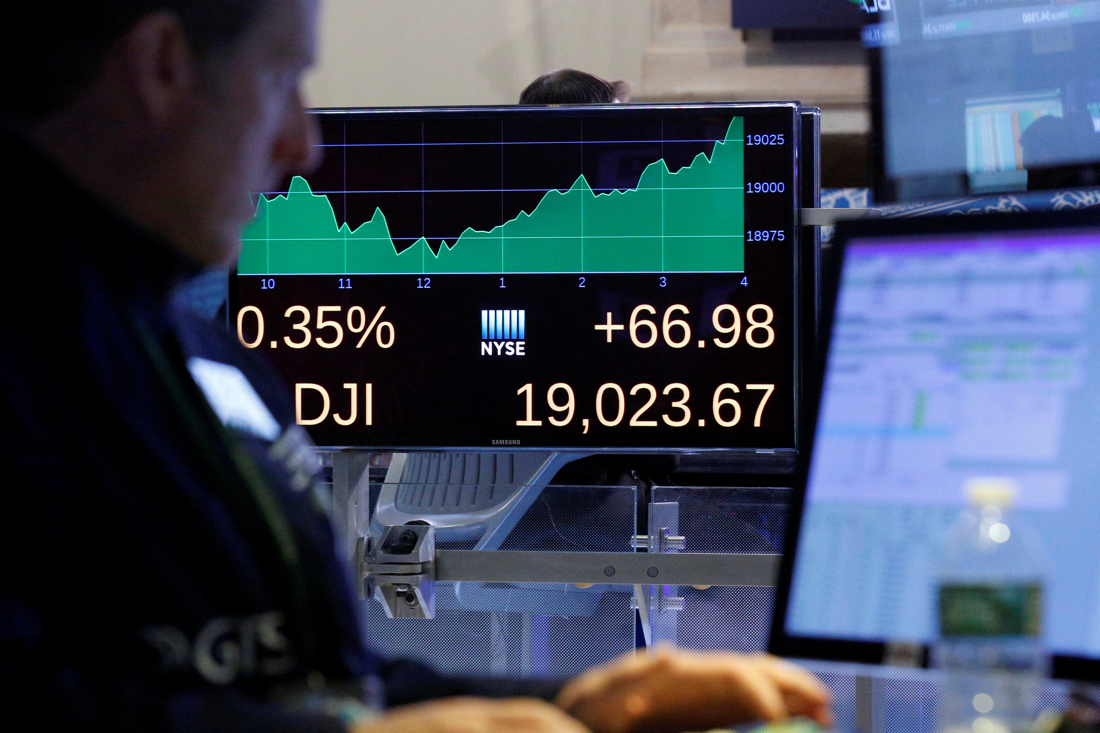 A trader works inside a post as a screen shows the Dow Jones Industrial Average after the close of trading on the floor of the New York Stock Exchange (NYSE) in New York City, U.S., November 22, 2016. REUTERS/Brendan McDermidn