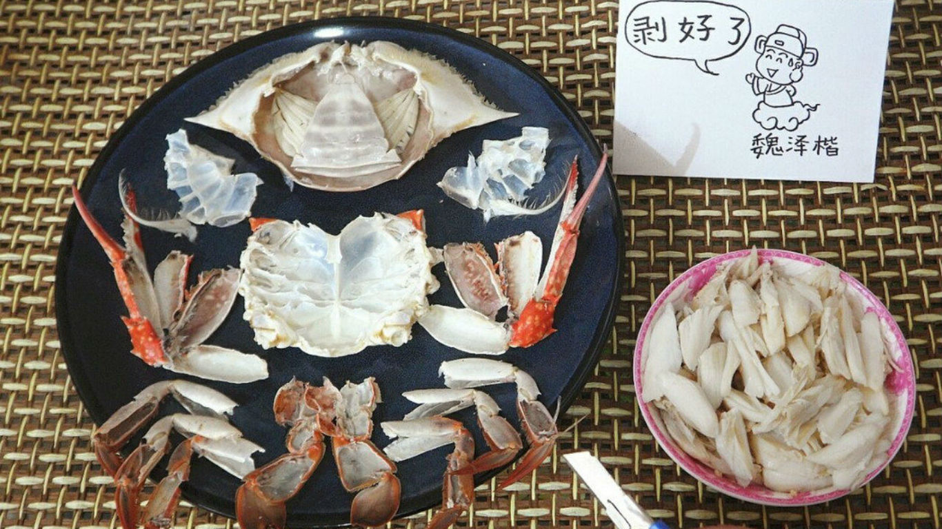 螃蟹壳也一定要整理好，拿出蟹肉还是一条蟹好汉！-图取自魏泽楷微博-