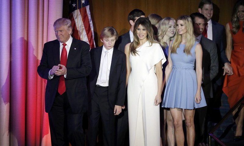 U.S. President-elect Donald Trump, his wife Melania, daughter Ivanka, son Barron and other family members greet supporters during his election night rally in Manhattan, New York, U.S., November 9, 2016. REUTERS/Mike Segar